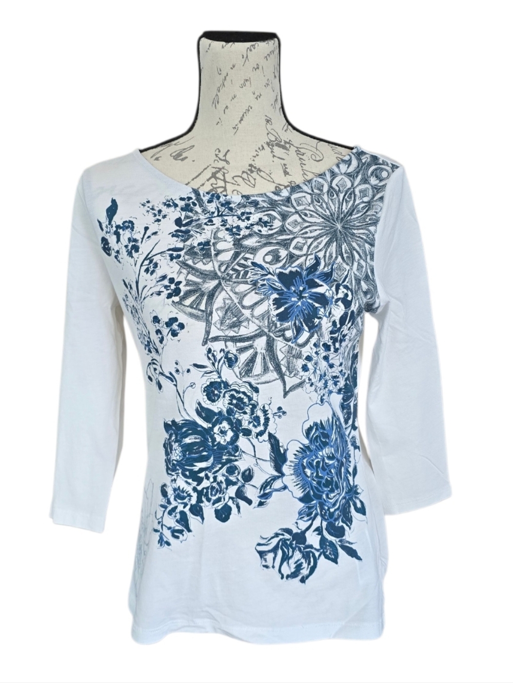 Desigual White Blue Floral 3/4 Sleeve Top L